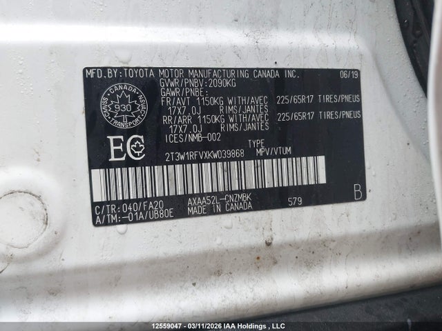 2019 Toyota Rav4 Xle/xle Premium მანქანა იყიდება აუქციონზე, vin: 2T3W1RFVXKW039868, აუქციონის ნომერი: 12559047