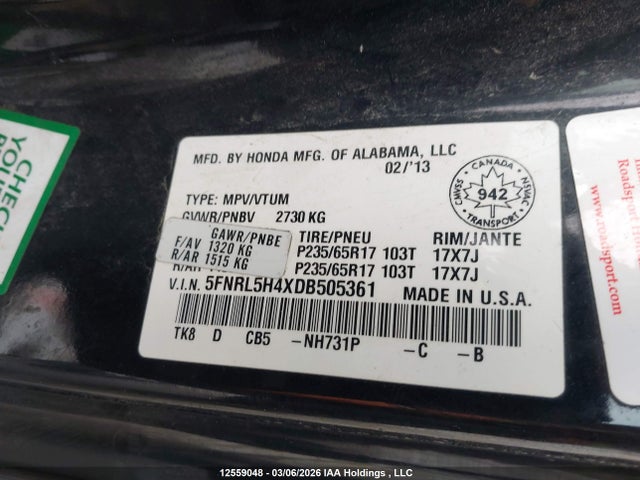 12559048 :رقم المزاد ، 5FNRL5H4XDB505361 vin ، 2013 Honda Odyssey مزاد بيع