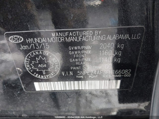 5NPE24AF3FH166082 Hyundai SONATA GL