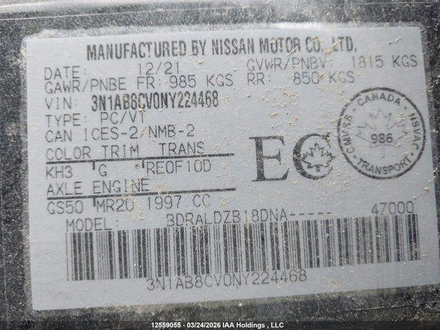 3N1AB8CV0NY224468 Nissan SENTRA SV