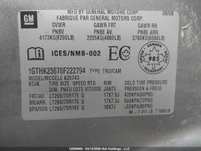 12559060 :رقم المزاد ، 1GTHK23678F222794 vin ، 2008 Gmc Sierra K2500 Heavy Duty مزاد بيع
