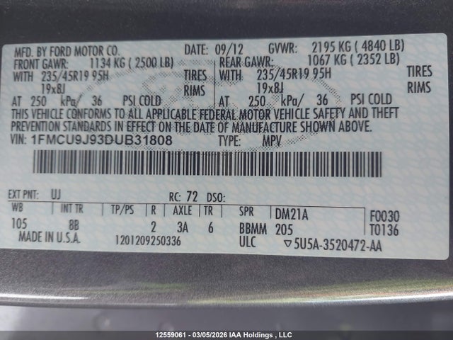 2013 Ford Escape Titanium მანქანა იყიდება აუქციონზე, vin: 1FMCU9J93DUB31808, აუქციონის ნომერი: 12559061