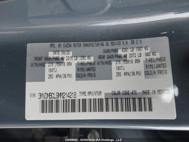 12559062 :رقم المزاد ، 3MVDMBCL9MM214218 vin ، 2021 Mazda Cx-30 Gs مزاد بيع