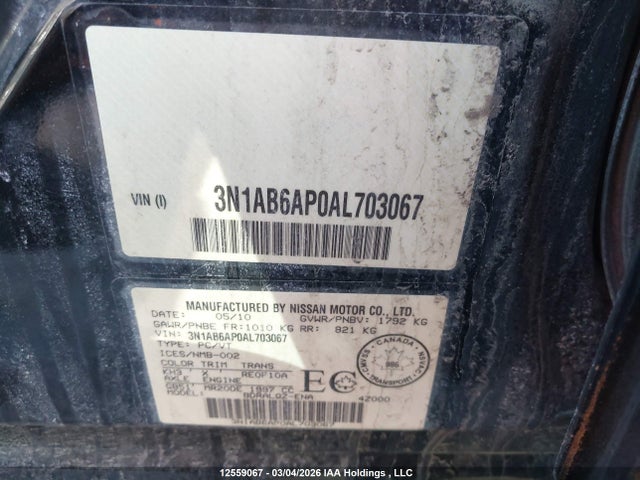 Продажа на аукционе авто 2010 Nissan Sentra 2.0/2.0s/sr/2.0sl, vin: 3N1AB6AP0AL703067, номер лота: 12559067
