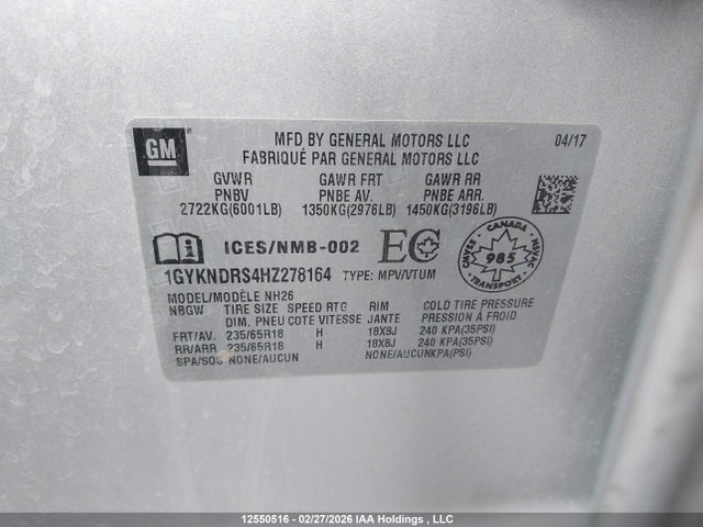 1GYKNDRS4HZ278164 Cadillac XT5 LUXURY