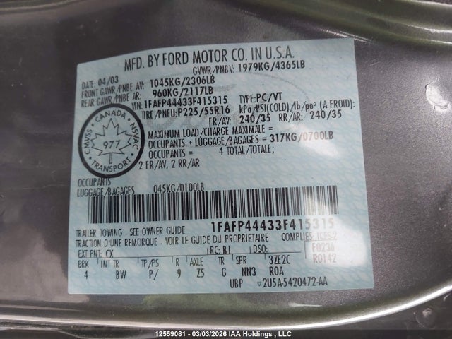 Продажа на аукционе авто 2003 Ford Mustang, vin: 1FAFP44433F415315, номер лота: 12559081