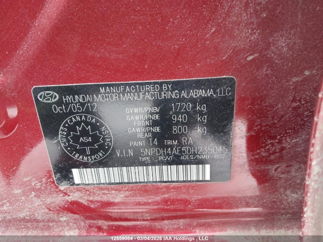 Aukcja sprzedaży 2013 Hyundai Elantra Gls, vin: 5NPDH4AE5DH235045, numer aukcji: 12559084