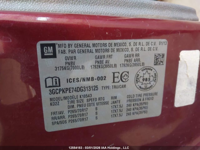 12554183 :رقم المزاد ، 3GCPKPE74DG313125 vin ، 2013 Chevrolet Silverado 1500 Wt مزاد بيع