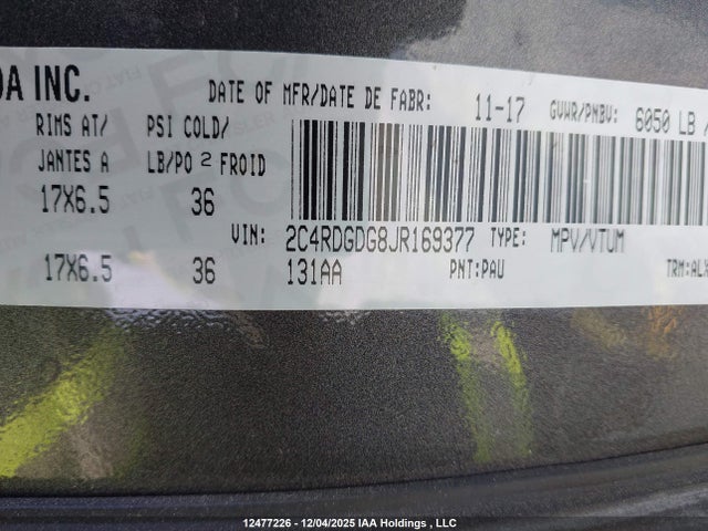 Продажа на аукционе авто 2018 Dodge Grand Caravan Crew, vin: 2C4RDGDG8JR169377, номер лота: 12477226