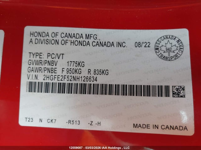 2HGFE2F52NH126634 Honda Civic Sport