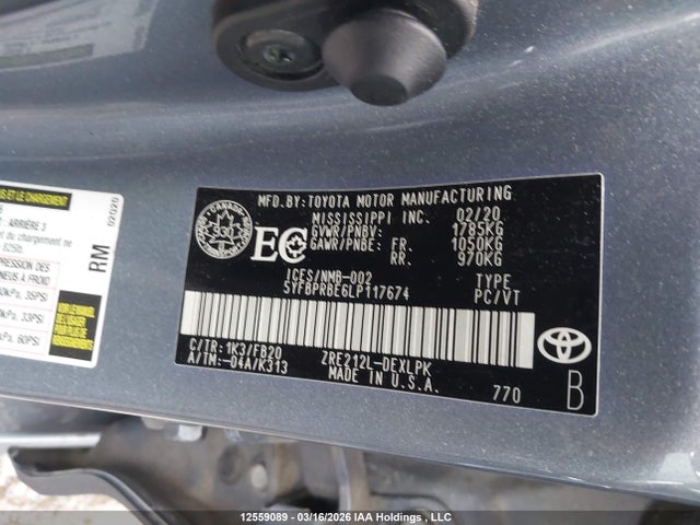 12559089 :رقم المزاد ، 5YFBPRBE6LP117674 vin ، 2020 Toyota Corolla Le مزاد بيع