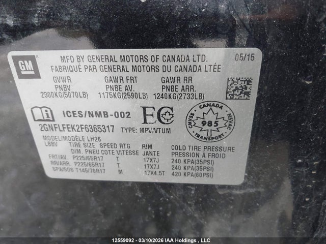 12559092 :رقم المزاد ، 2GNFLFEK2F6365317 vin ، 2015 Chevrolet Equinox Lt مزاد بيع