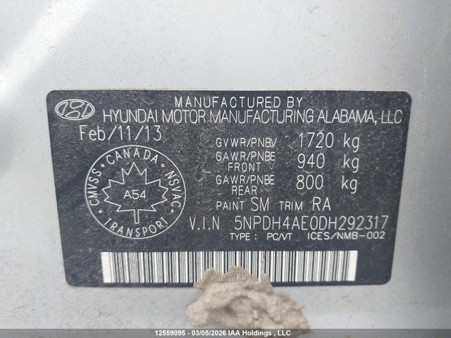 2013 Hyundai Elantra Gls/limited მანქანა იყიდება აუქციონზე, vin: 5NPDH4AE0DH292317, აუქციონის ნომერი: 12559095
