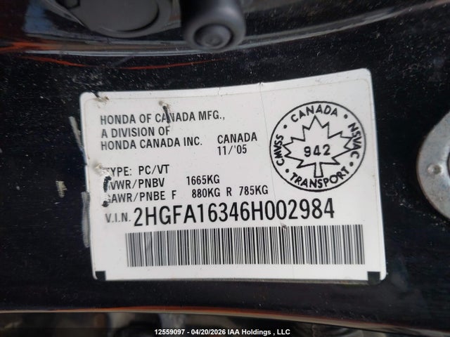Aukcja sprzedaży 2006 Honda Civic Dx-g, vin: 2HGFA16346H002984, numer aukcji: 12559097
