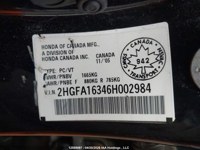 Aukcja sprzedaży 2006 Honda Civic Dx-g, vin: 2HGFA16346H002984, numer aukcji: 12559097