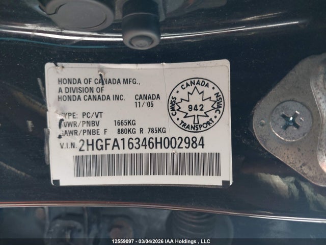 Aukcja sprzedaży 2006 Honda Civic Dx-g, vin: 2HGFA16346H002984, numer aukcji: 12559097
