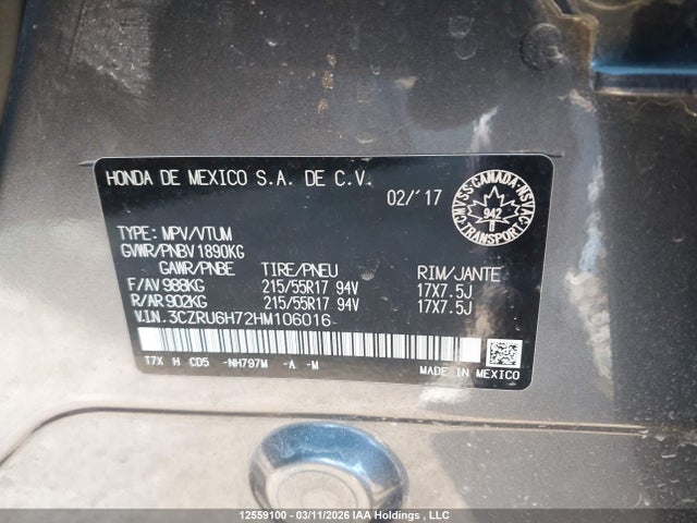 3CZRU6H72HM106016 Honda Hr-v Exl