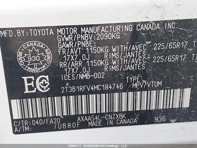 2T3B1RFV4MC184746 Toyota RAV4 LE