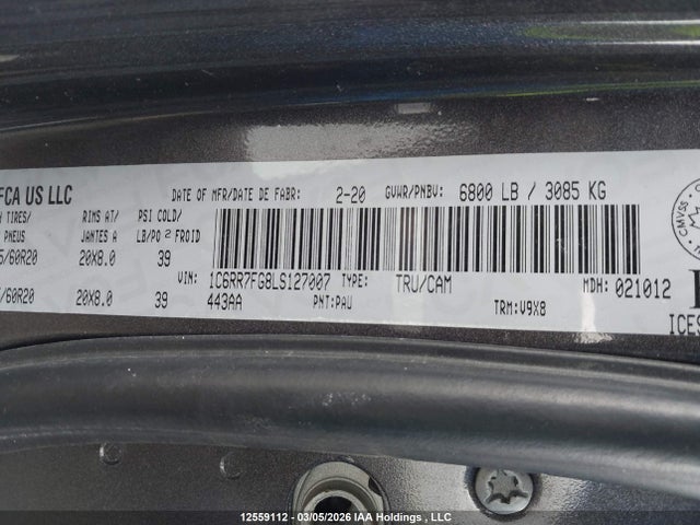 12559112 :رقم المزاد ، 1C6RR7FG8LS127007 vin ، 2020 Ram 1500 Classic Tradesman/express مزاد بيع