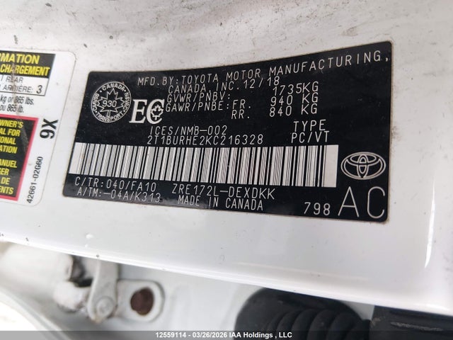 2019 Toyota Corolla Ce მანქანა იყიდება აუქციონზე, vin: 2T1BURHE2KC216328, აუქციონის ნომერი: 12559114