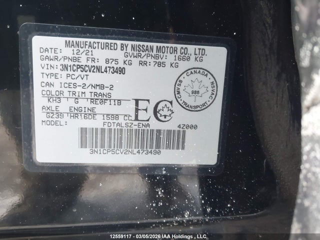 3N1CP5CV2NL473490 Nissan KICKS SV