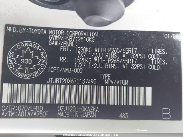 Auction sale of the 2007 Lexus Gx 470 470, vin: JTJBT20X670137492, lot number: 12559122