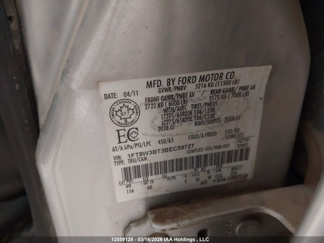 12559128 :رقم المزاد ، 1FT8W3BT3BEC59727 vin ، 2011 Ford F-350 Lariat مزاد بيع