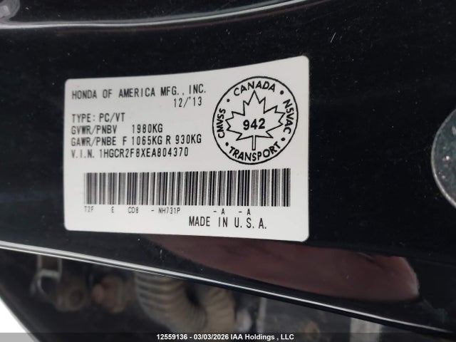 Продаж на аукціоні авто 2014 Honda Accord Exl, vin: 1HGCR2F8XEA804370, номер лоту: 12559136