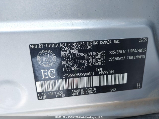 12559137 :رقم المزاد ، 2T3BWRFV5SW280804 vin ، 2025 Toyota Rav4 Le مزاد بيع