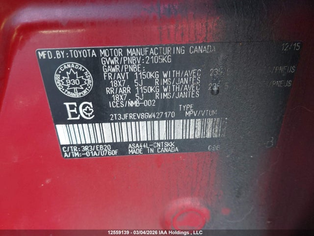 2T3JFREV8GW427170 Toyota RAV4 SE