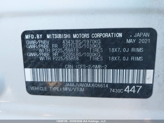 JA4AJVAW3MU606614 Mitsubishi Rvr Gt/le/se/sel