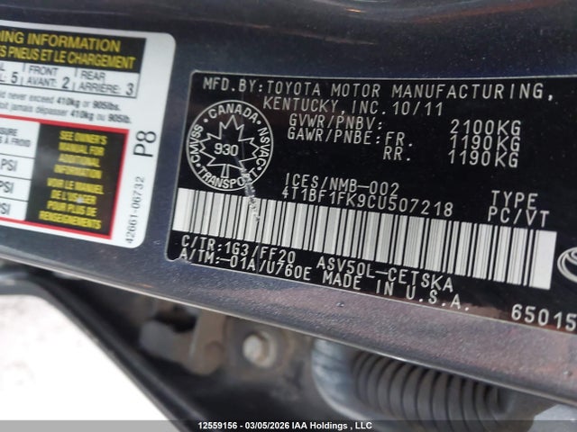 Aukcja sprzedaży 2012 Toyota Camry Se/le/xle, vin: 4T1BF1FK9CU507218, numer aukcji: 12559156