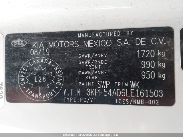 12559158 :رقم المزاد ، 3KPF54AD6LE161503 vin ، 2020 Kia Forte Ex/ex Limited/ex Premium/ex+ مزاد بيع