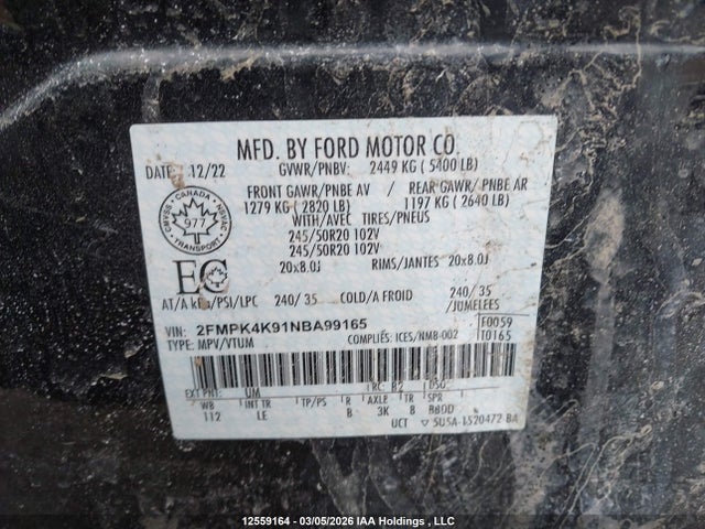 12559164 :رقم المزاد ، 2FMPK4K91NBA99165 vin ، 2022 Ford Edge Titanium مزاد بيع