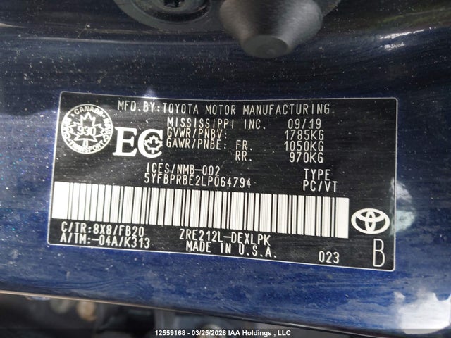 Aukcja sprzedaży 2020 Toyota Corolla, vin: 5YFBPRBE2LP064794, numer aukcji: 12559168
