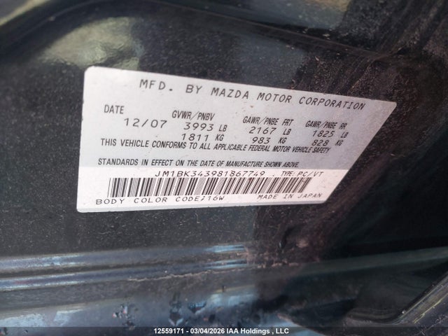 Aukcja sprzedaży 2008 Mazda Mazda3 Gs/gt, vin: JM1BK343981867749, numer aukcji: 12559171