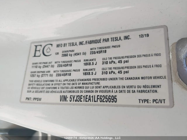 Aukcja sprzedaży 2020 Tesla Model 3, vin: 5YJ3E1EA1LF625695, numer aukcji: 12559174