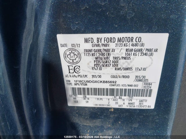 Продажа на аукционе авто 2012 Ford Escape Xlt, vin: 1FMCU9DGXCKB85692, номер лота: 12559175