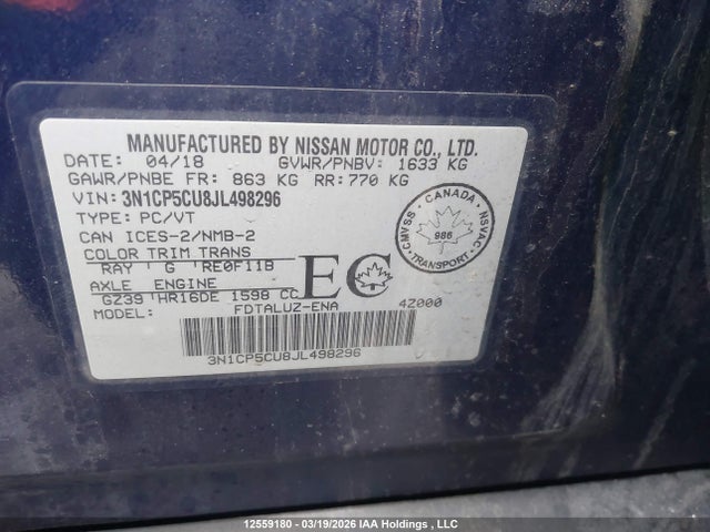 3N1CP5CU8JL498296 Nissan Kicks S/sr/sv