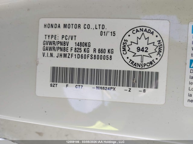12559186 :رقم المزاد ، JHMZF1D60FS800058 vin ، 2015 Honda Cr-z Ex مزاد بيع