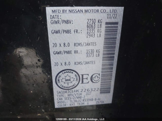 12559189 :رقم المزاد ، 5N1DR3CE4PC226322 vin ، 2023 Nissan Pathfinder Sl مزاد بيع