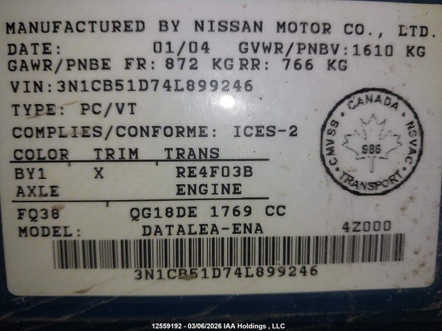 Продажа на аукционе авто 2004 Nissan Sentra 1.8/1.8s, vin: 3N1CB51D74L899246, номер лота: 12559192