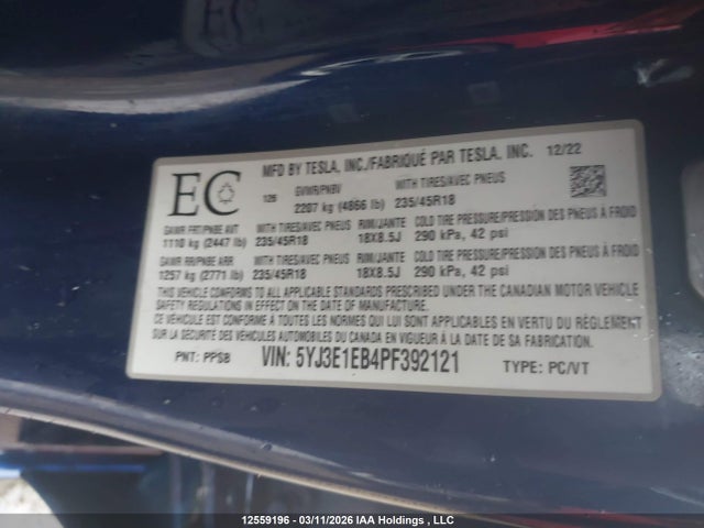 Продажа на аукционе авто 2023 Tesla Model 3 Long Range, vin: 5YJ3E1EB4PF392121, номер лота: 12559196