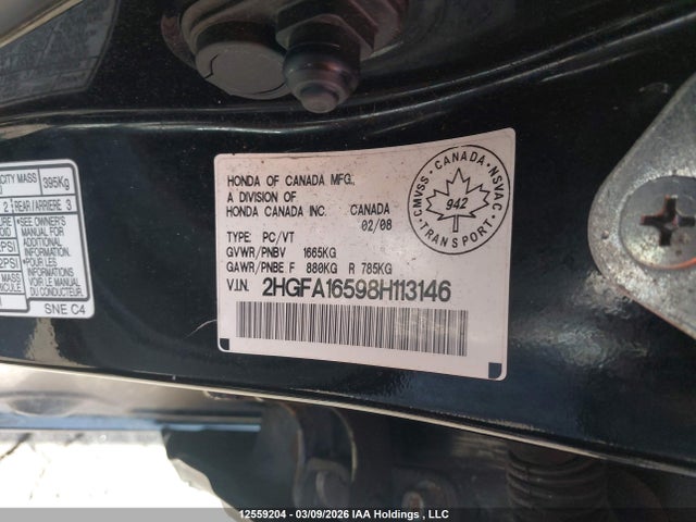 12559204 :رقم المزاد ، 2HGFA16598H113146 vin ، 2008 Honda Civic Lx مزاد بيع