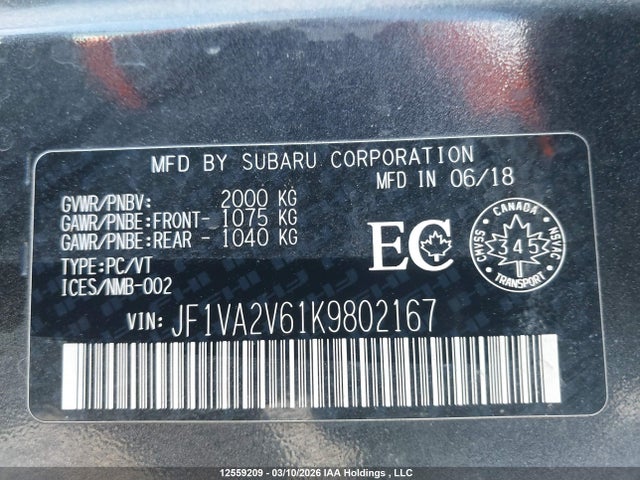 Aukcja sprzedaży 2019 Subaru Wrx Sti Limited, vin: JF1VA2V61K9802167, numer aukcji: 12559209