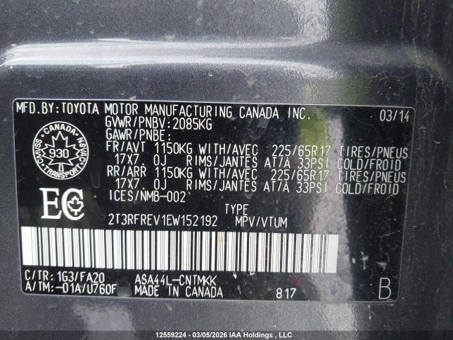 12559224 :رقم المزاد ، 2T3RFREV1EW152192 vin ، 2014 Toyota Rav4 Xle مزاد بيع