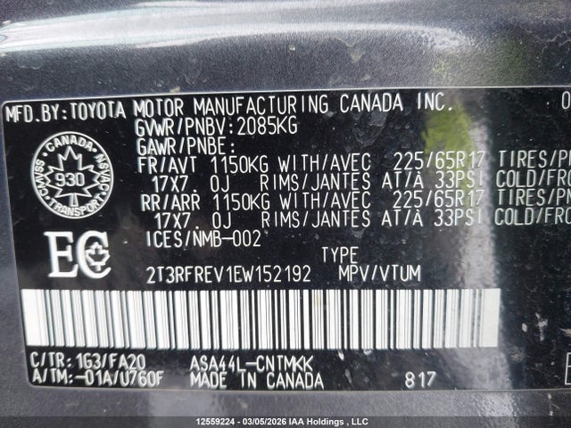 12559224 :رقم المزاد ، 2T3RFREV1EW152192 vin ، 2014 Toyota Rav4 Xle مزاد بيع