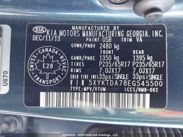 Продажа на аукционе авто 2014 Kia Sorento Lx V6, vin: 5XYKTDA78EG545500, номер лота: 12559225