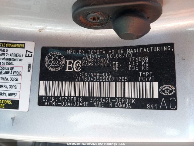 12559230 :رقم المزاد ، 2T1BU40E09C071265 vin ، 2009 Toyota Corolla Ce مزاد بيع