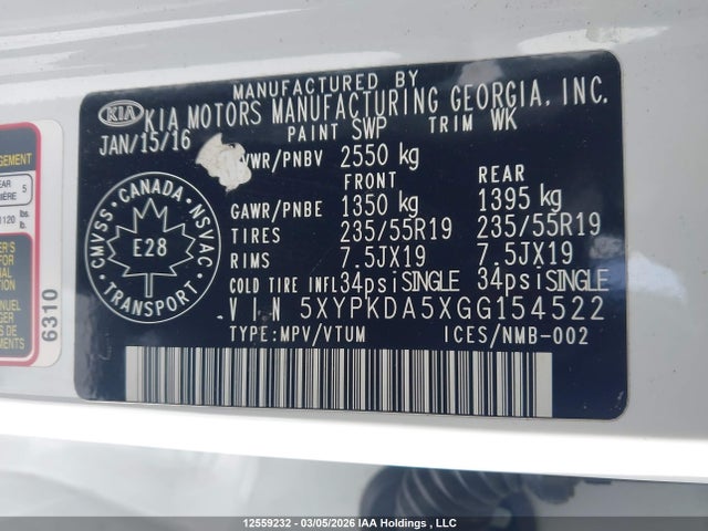 5XYPKDA5XGG154522 KIA Sorento Sx/sx Limited